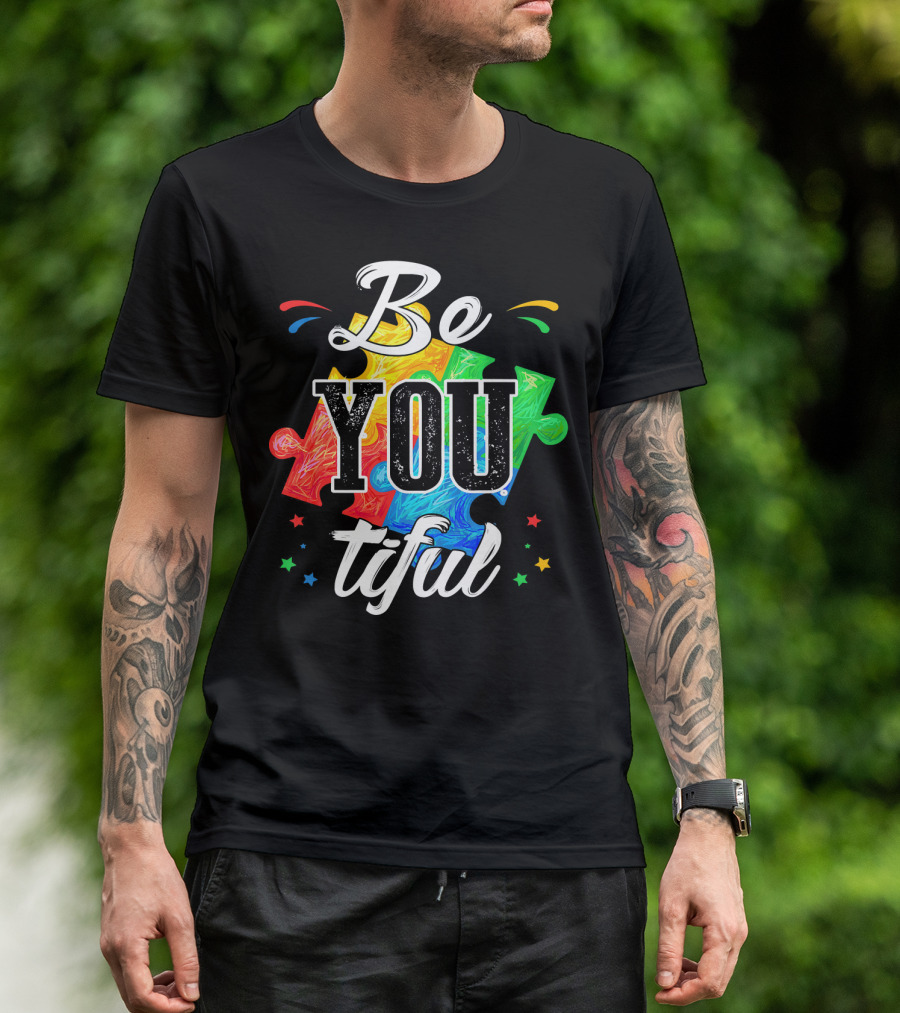 Be You Tiful Autism Awareness Colorful Puzzle Pieces With Stars T-Shirt