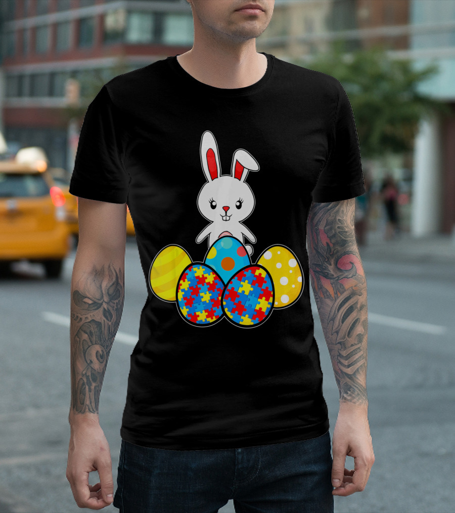 Easter Bunny with Autism Awareness Puzzle Pattern Eggs T-Shirt