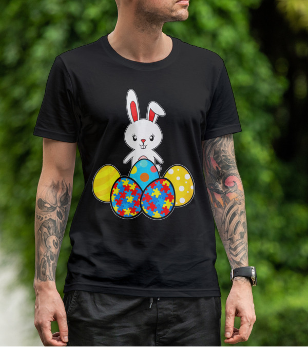 Easter Bunny With Autism Awareness Puzzle Pattern Eggs T-Shirt