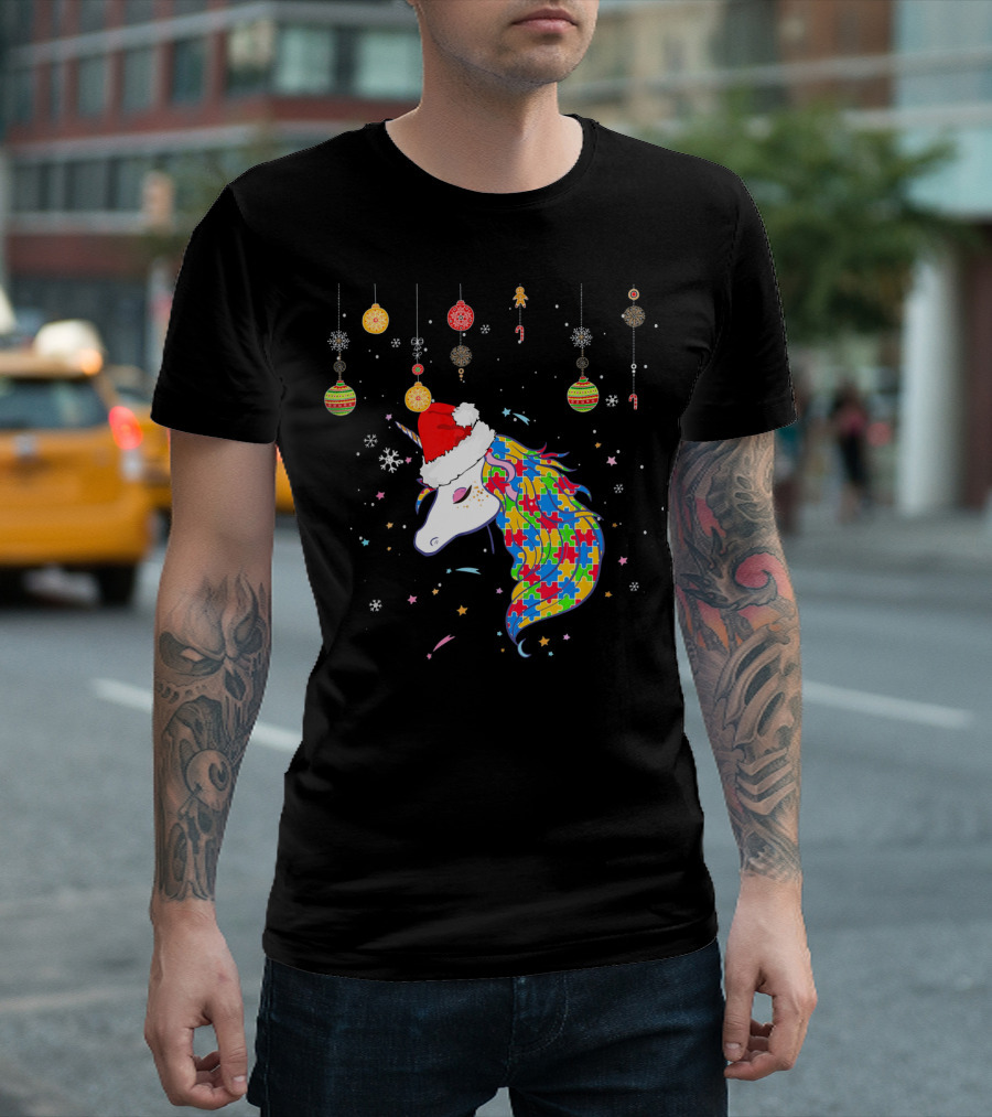 Christmas Unicorn Santa Hat Autism Puzzle T-Shirt