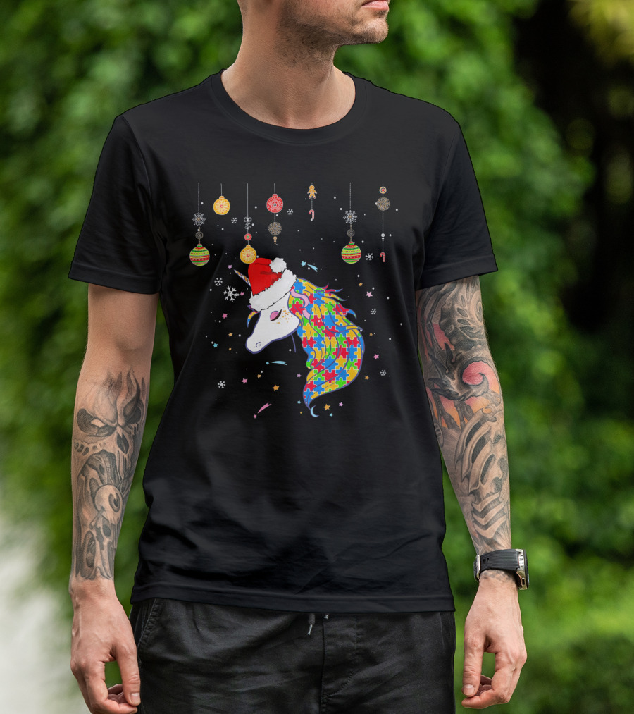 Christmas Unicorn Santa Hat Autism Puzzle T-Shirt