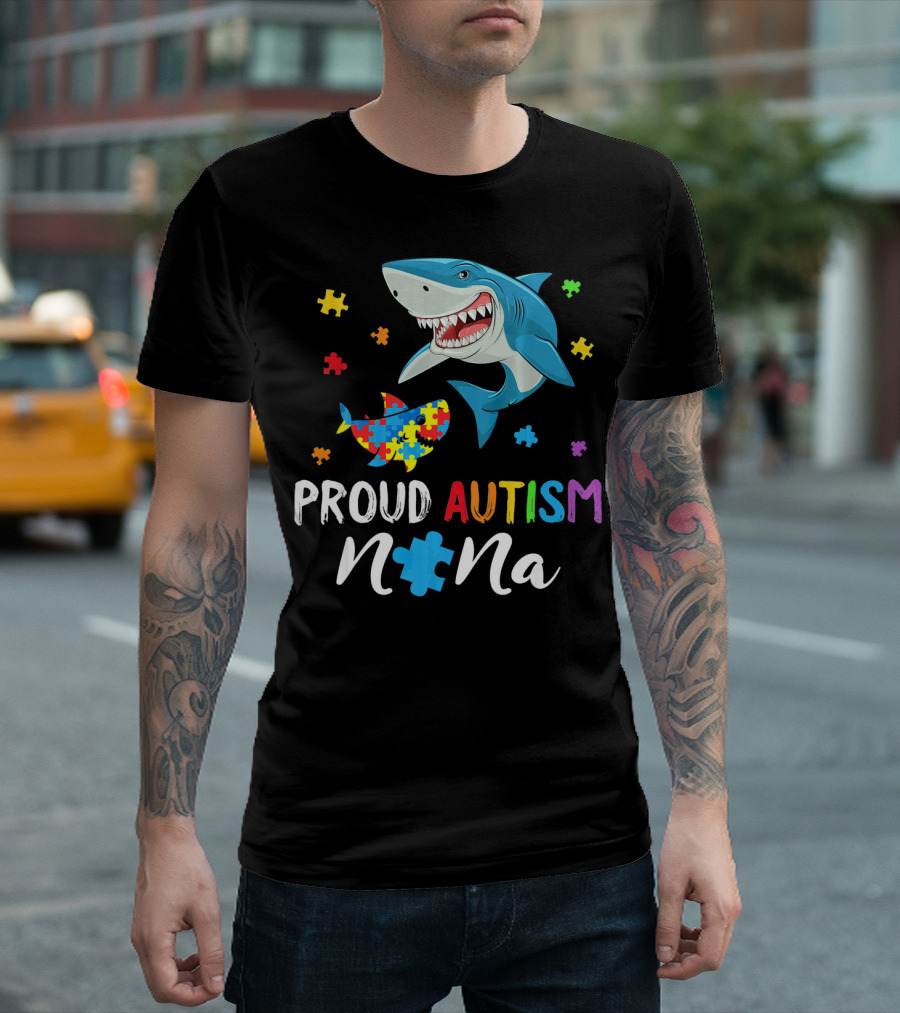 Proud Autism Nana Shark with Colorful Puzzle Pieces T-Shirt