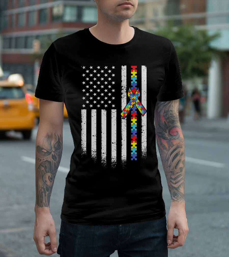 Autism Awareness American Flag with Puzzle Piece T-Shirt
