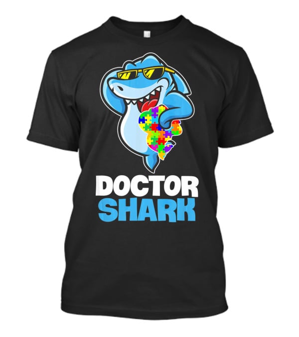 Doctor Shark Sunglasses Holding Autism Puzzle Heart T-Shirt
