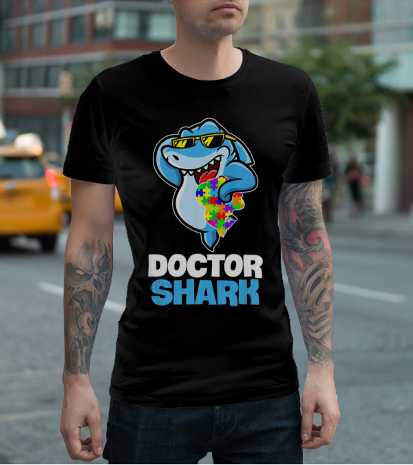 Doctor Shark Sunglasses Holding Autism Puzzle Heart T-Shirt