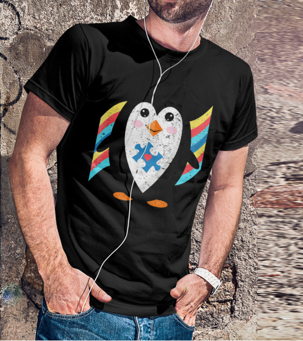 Cute Penguin Autism Awareness Heart Puzzle T-Shirt
