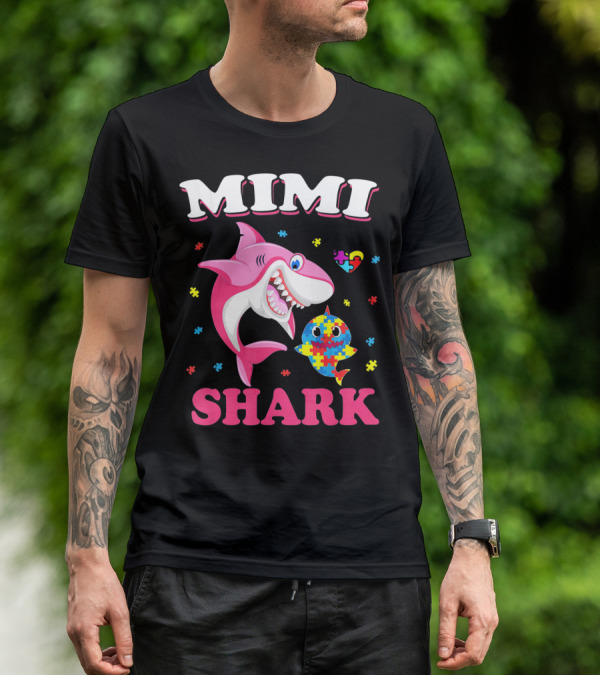 Mimi Shark Autism Awareness Puzzle Heart Colorful Sharks T-Shirt