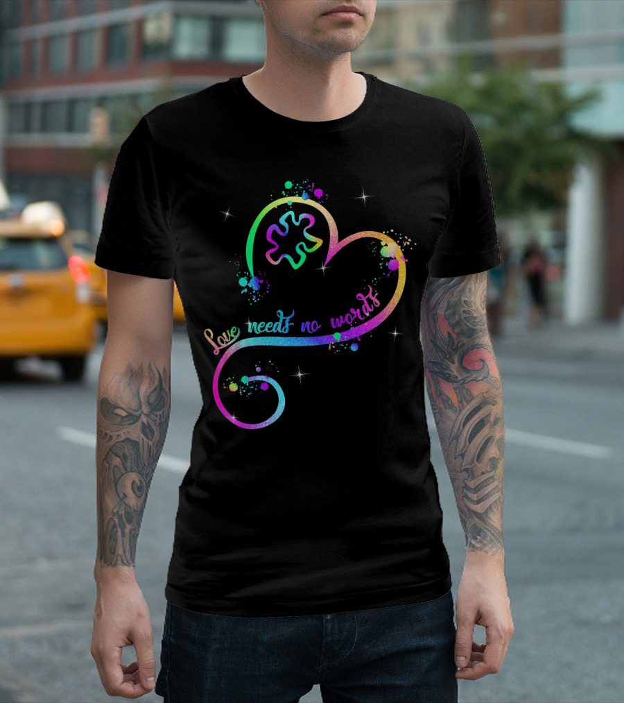 Love Needs No Words Heart Ribbon Puzzle Autism T-Shirt