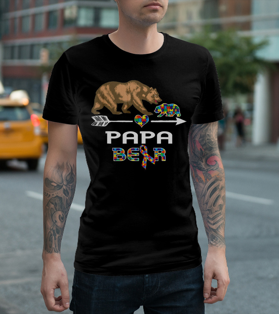 Papa Bear Puzzle Heart Arrow Autism Awareness T-Shirt