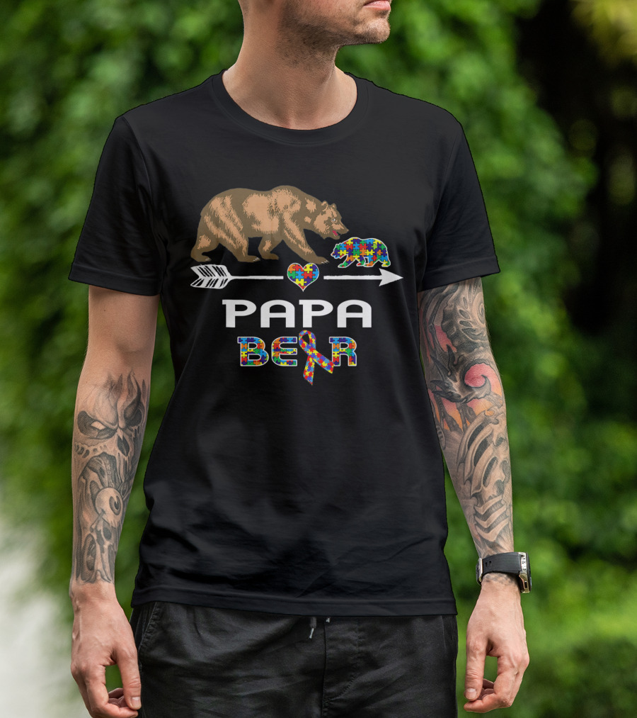 Papa Bear Puzzle Heart Arrow Autism Awareness T-Shirt