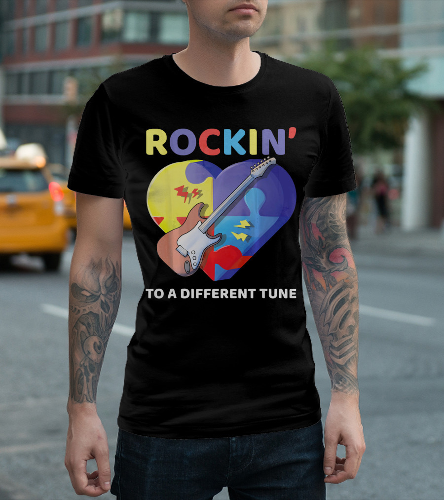 Rockin' To A Different Tune Autism Awareness Guitar Heart Puzzle T-Shirt