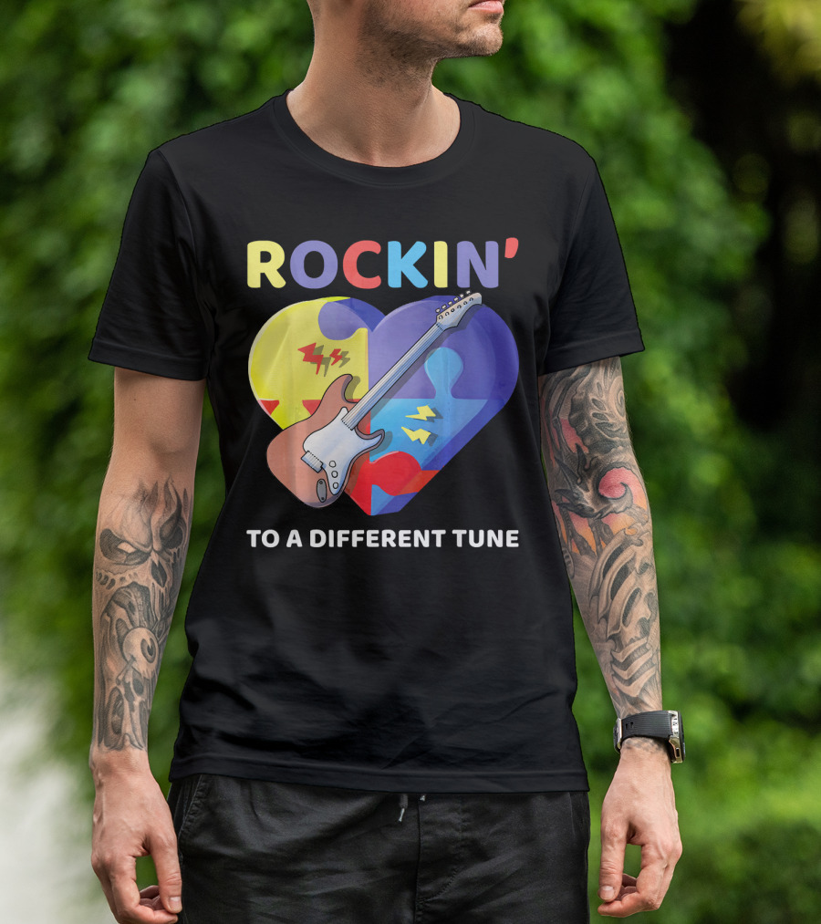 Rockin' To A Different Tune Autism Awareness Guitar Heart Puzzle T-Shirt