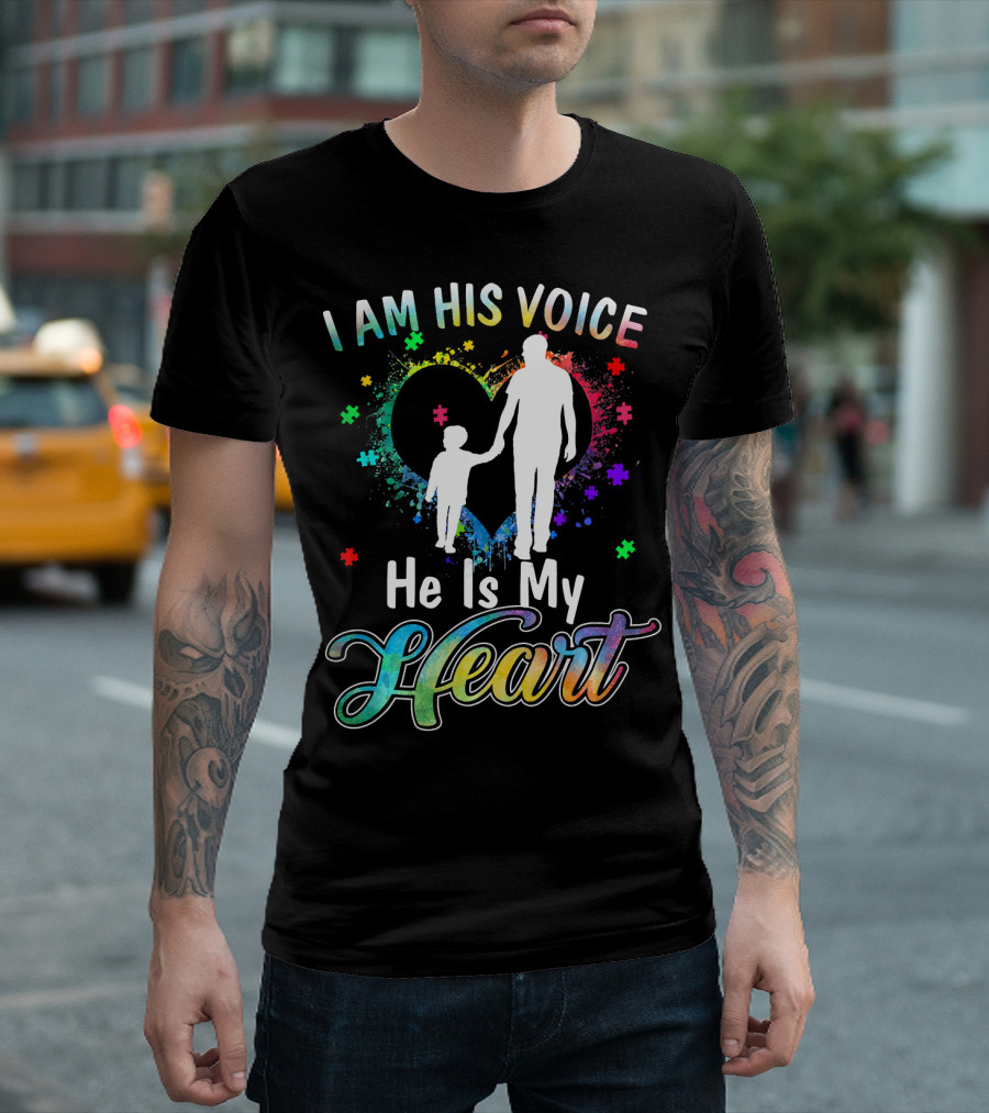 I Am His Voice He Is My Heart Autism Awareness Father And Child Silhouette With Colorful Puzzle T-Shirt