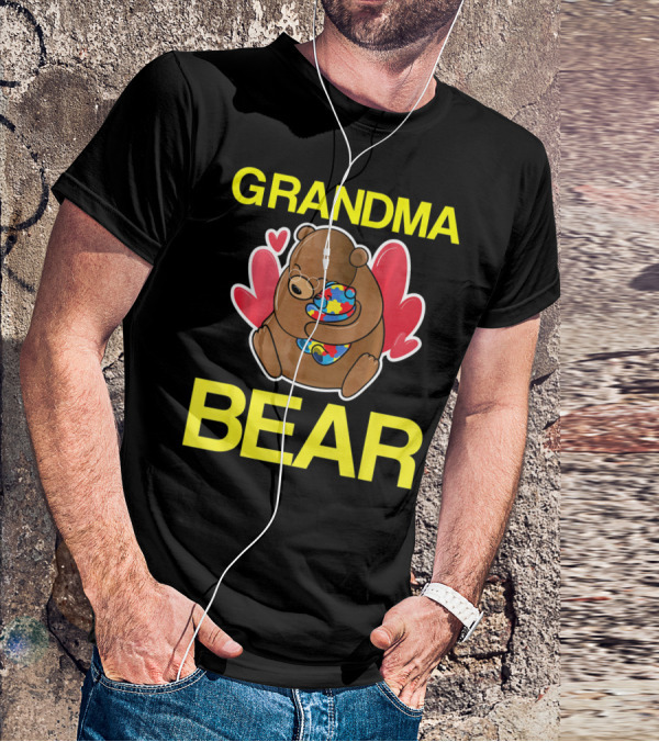 Grandma Bear Hugging Bear With Autism Puzzle Heart Balloon T-Shirt