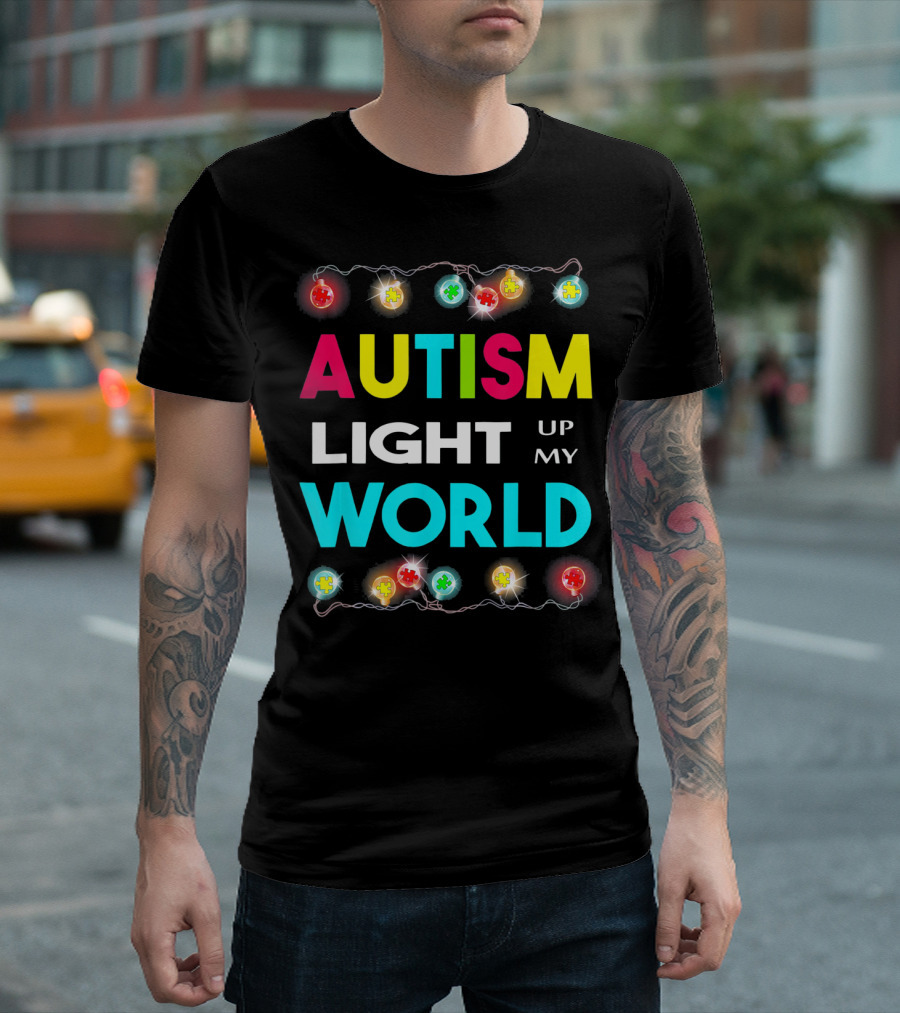 Autism Light Up My World Autism Awareness Puzzle String Lights T-Shirt
