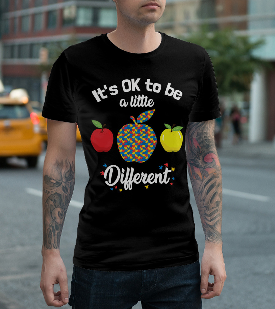 It's OK To Be A Little Different Apple Teacher Aut Puzzle Pattern Red Yellow T-Shirt