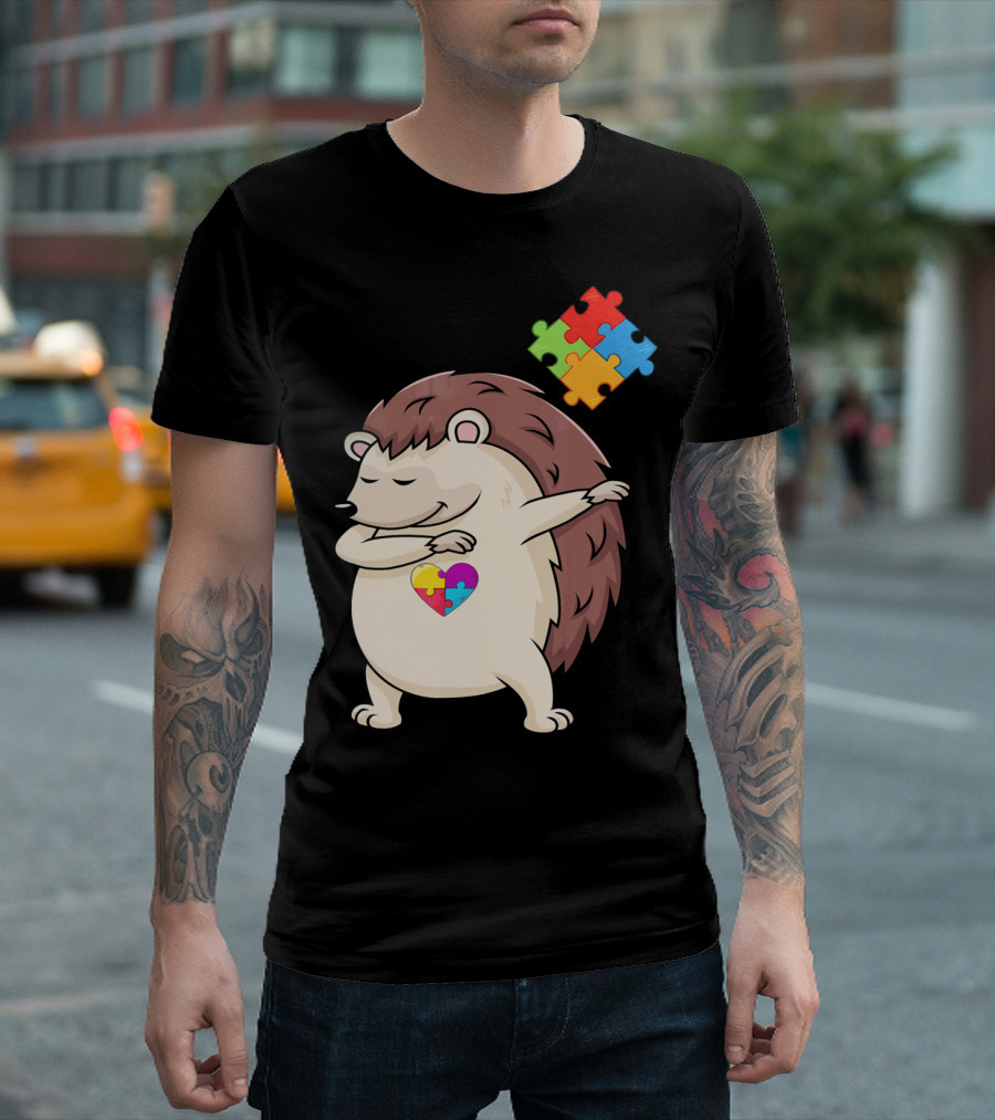 Hedgehog Dabbing with Puzzle Pieces Heart Autism Awareness T-Shirt
