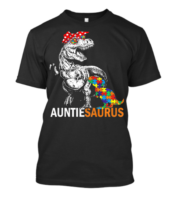 Auntie Saurus Puzzle Pattern Autism Dinosaur T-Shirt