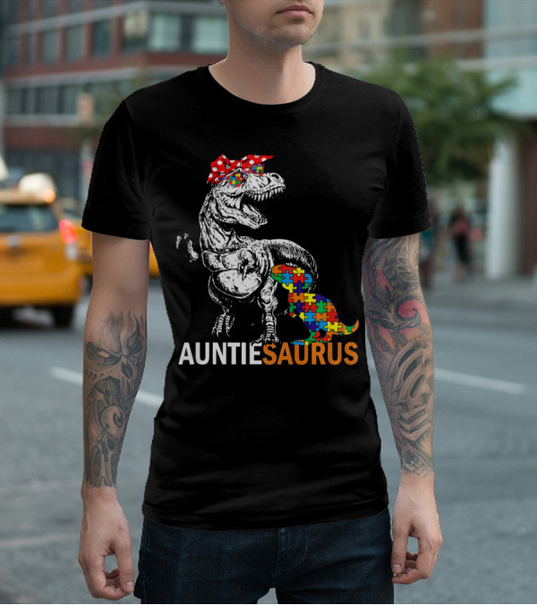 Auntie Saurus Puzzle Pattern Autism Dinosaur T-Shirt