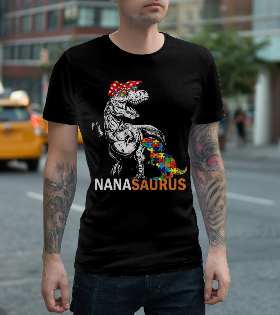 Nana Saurus Auntsaurus Autism Dinosaur Puzzle Piece Bandana T-Shirt