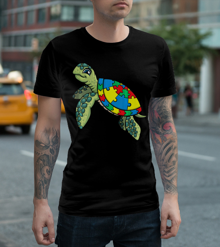 Turtle with Colorful Puzzle Pieces for Autism Awareness T-Shirt