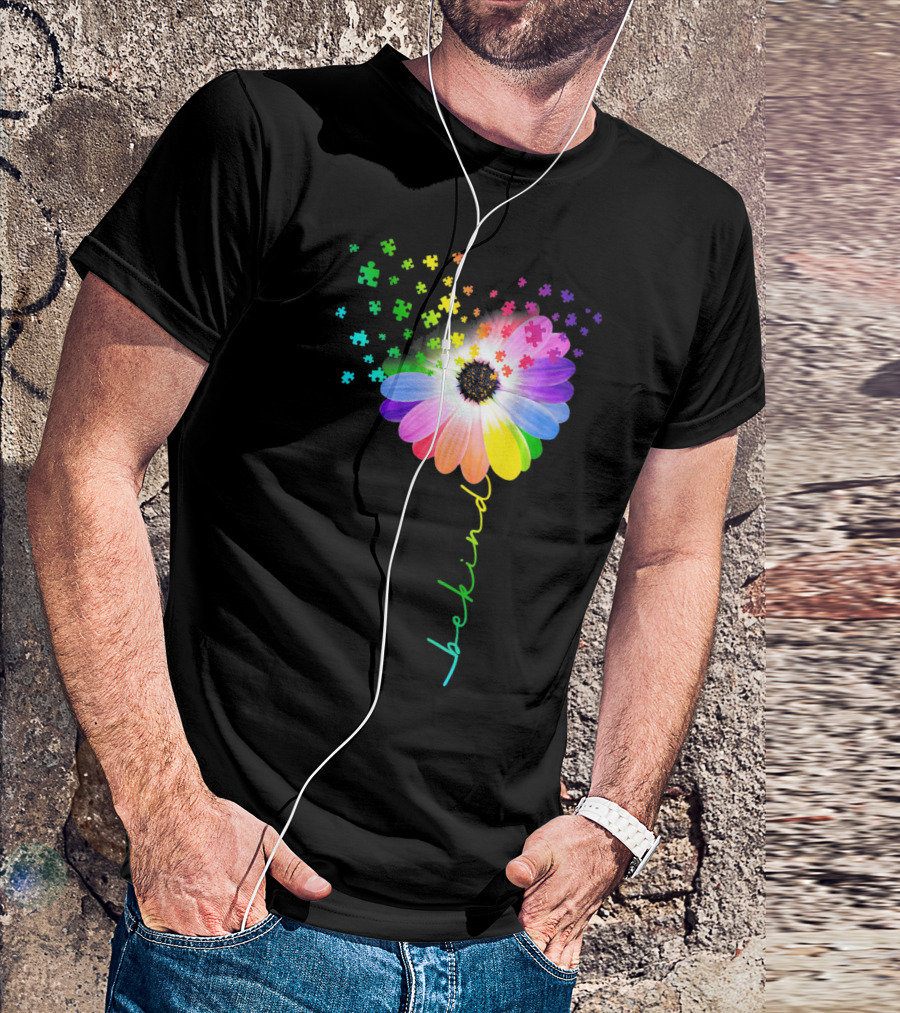 Flower Daisy Dandelion Be Kind Rainbow Puzzle Autism Awareness T-Shirt