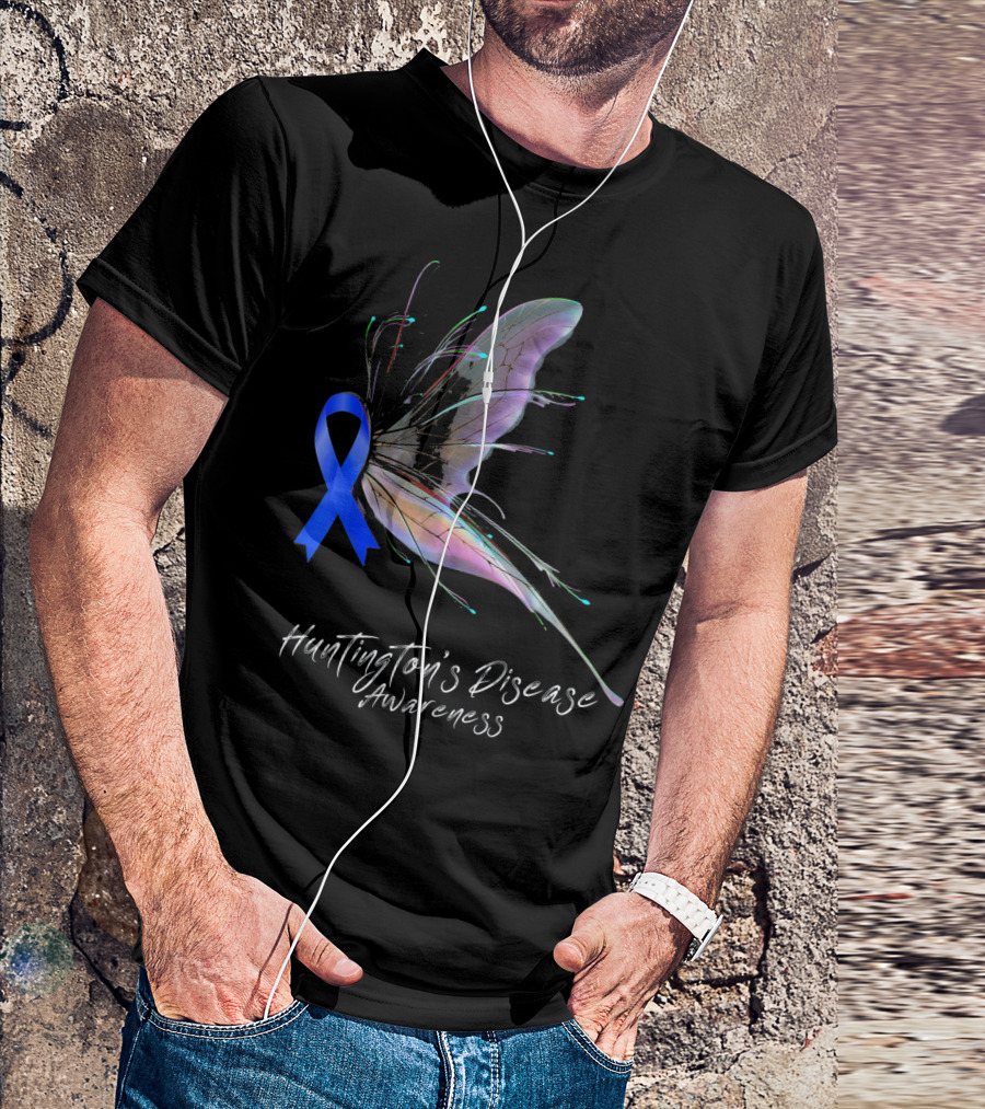 Huntington's Disease Awareness Blue Ribbon Butterfly T-Shirt