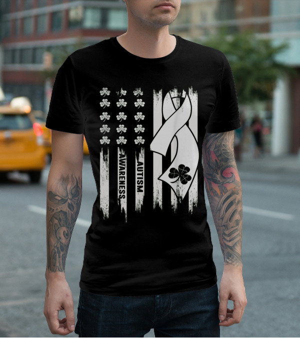 Autism Awareness Ribbon Patrick's Day American Flag Clover T-Shirt