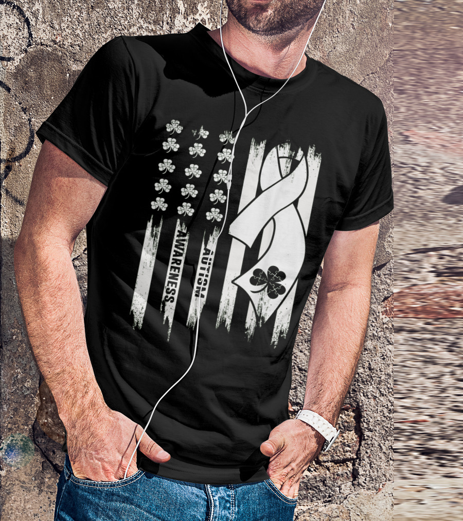 Autism Awareness Ribbon Patrick's Day American Flag Clover T-Shirt
