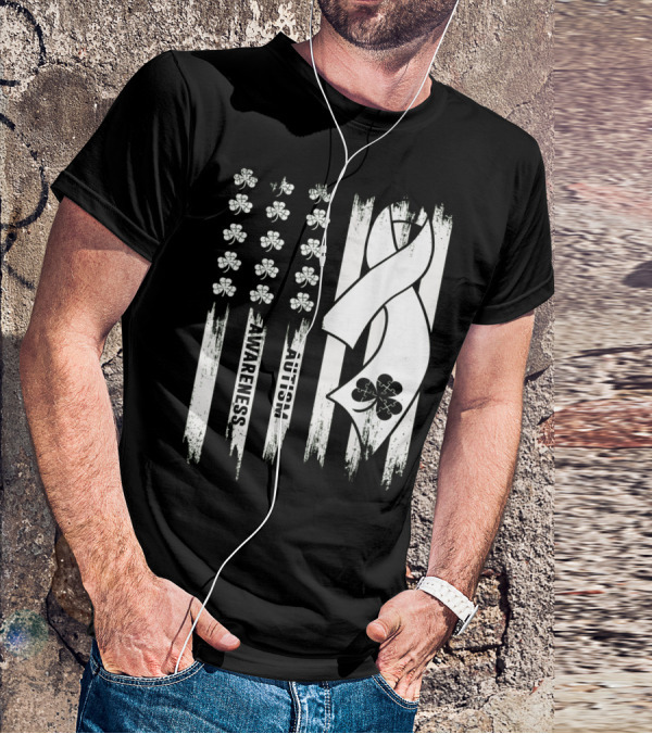 Autism Awareness Ribbon Patrick's Day American Flag Clover T-Shirt