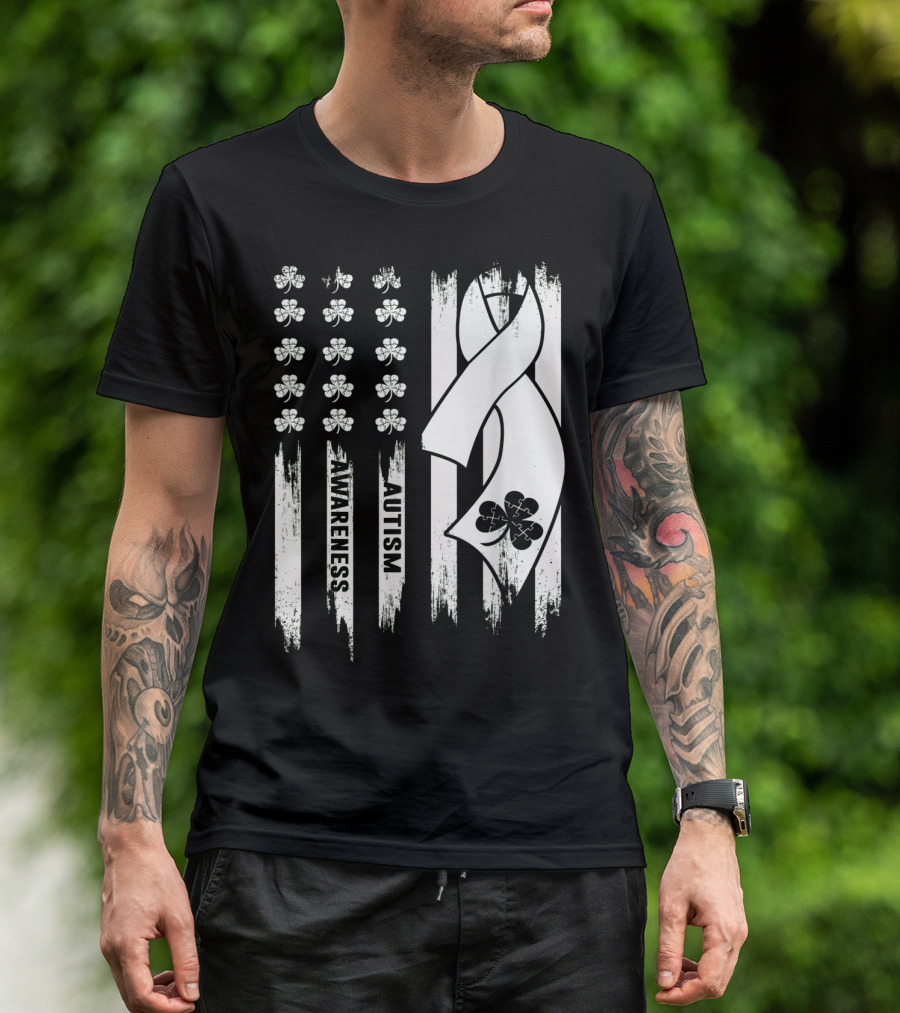 Autism Awareness Ribbon Patrick's Day American Flag Clover T-Shirt