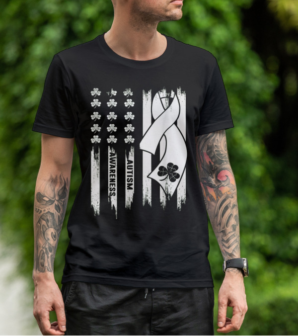 Autism Awareness Ribbon Patrick's Day American Flag Clover T-Shirt