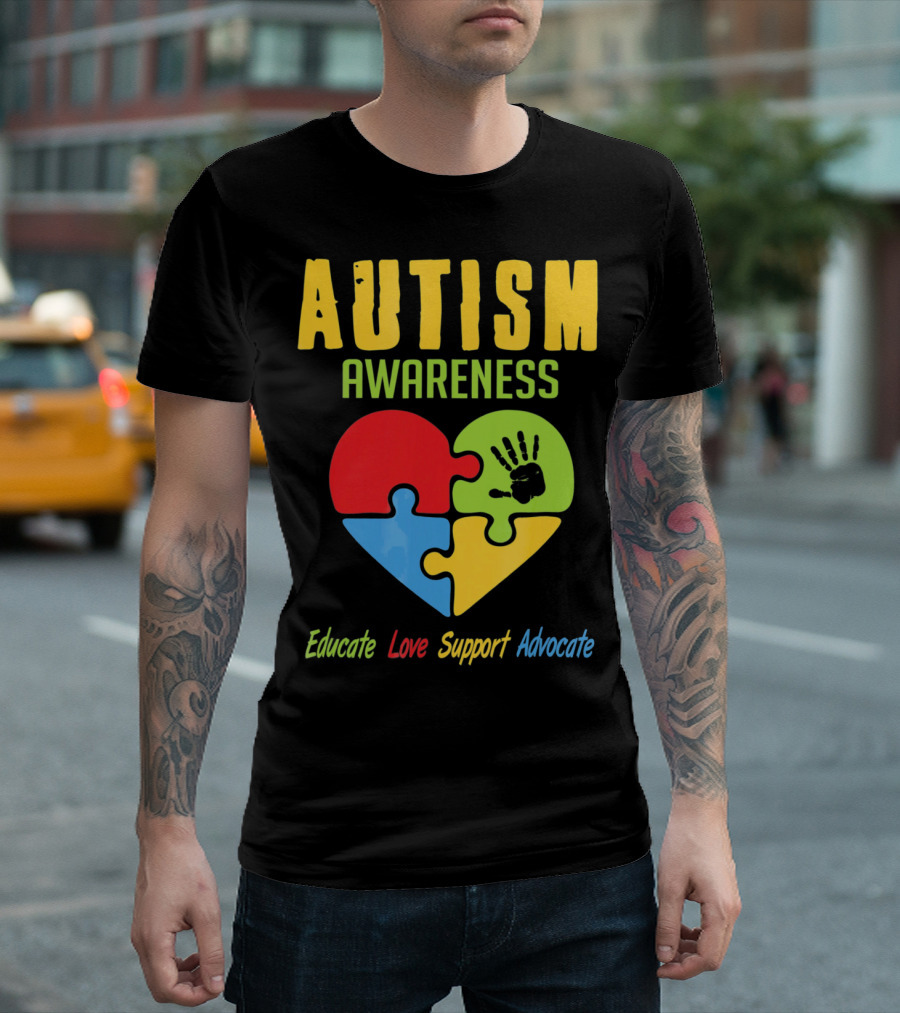 Autism Awareness Advocate Educate Love Support Puzzle Heart Handprint T-Shirt