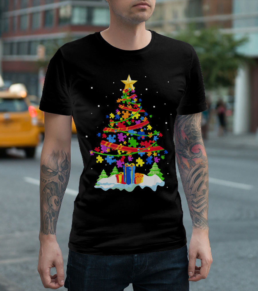 Autism Awareness Christmas Tree Puzzle Pieces Holiday Celebrations T-Shirt