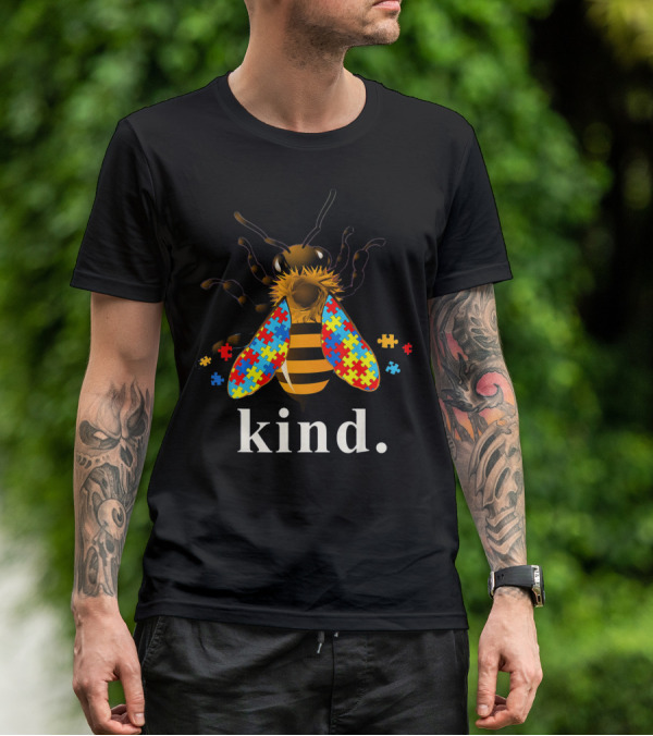 Autism Awareness Bee With Puzzle Piece Wings And Kind Text T-Shirt