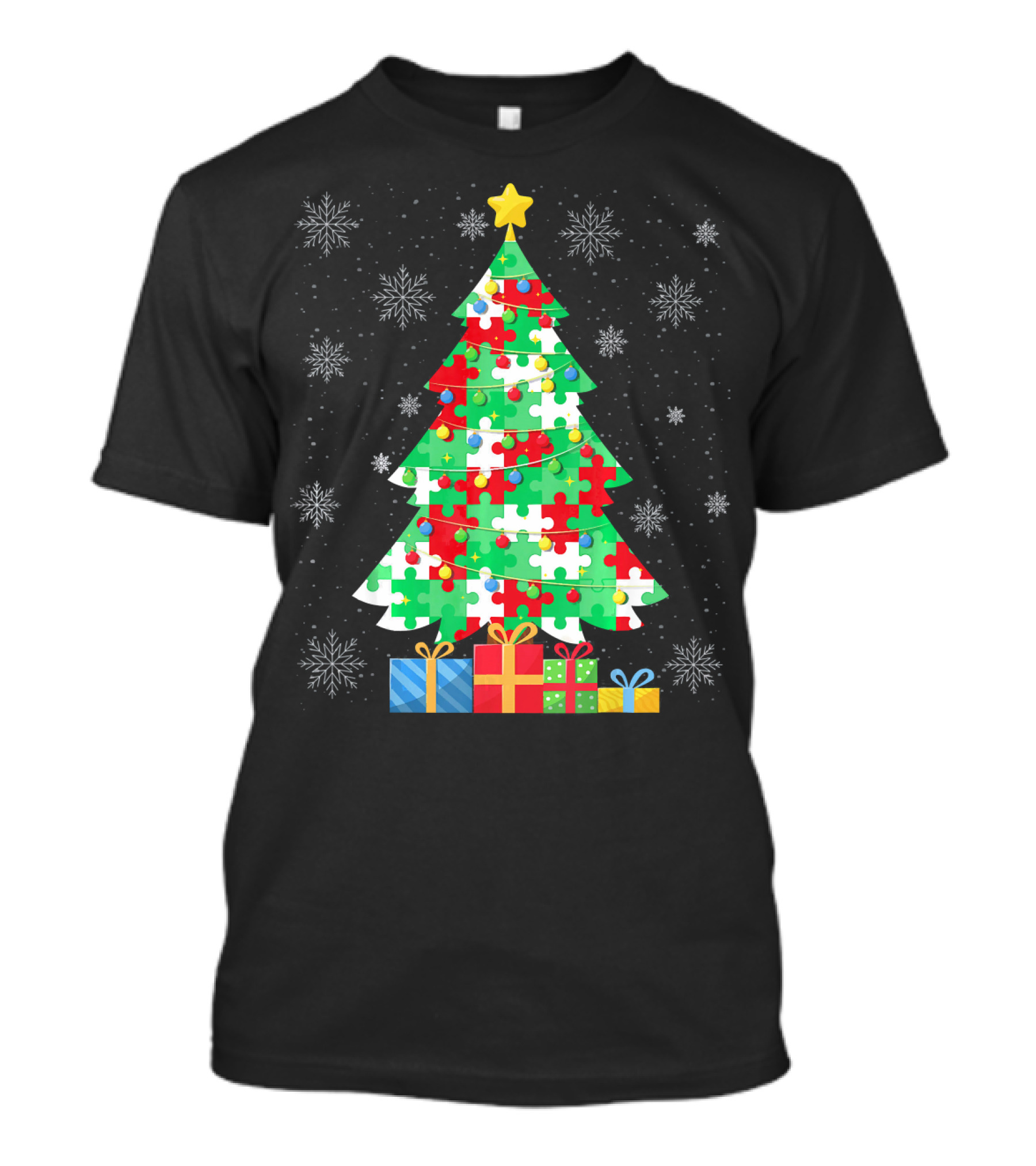 Autism Tree Christmas Puzzle Pattern With Gifts And Snowflakes T-Shirt