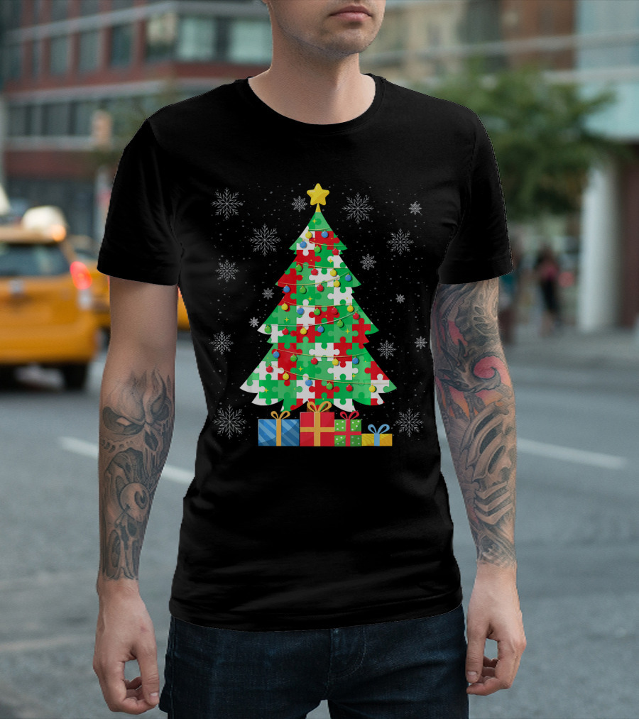 Autism Tree Christmas Puzzle Pattern With Gifts And Snowflakes T-Shirt