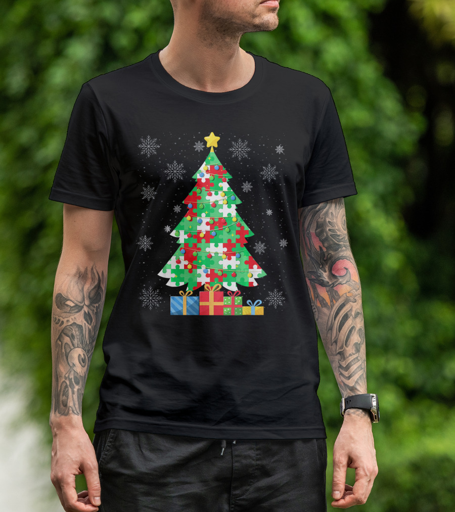 Autism Tree Christmas Puzzle Pattern With Gifts And Snowflakes T-Shirt