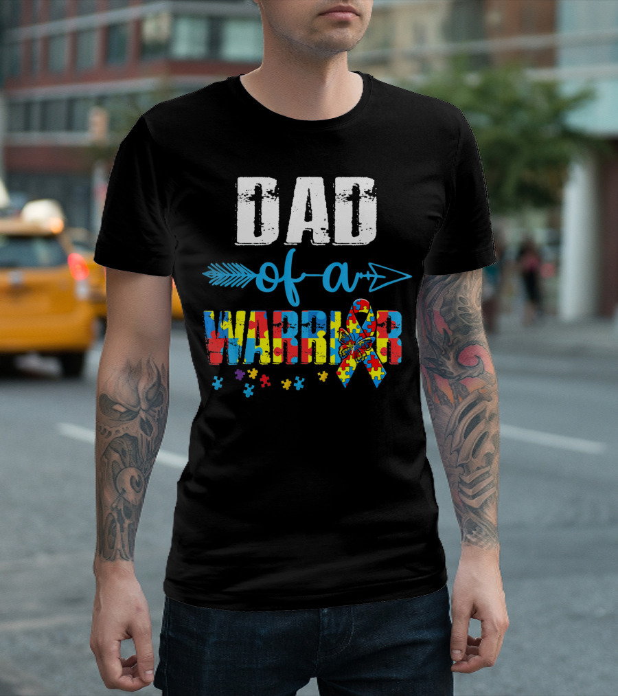 Dad Of A Warrior Autism Awareness Ribbon Arrow Puzzle T-Shirt