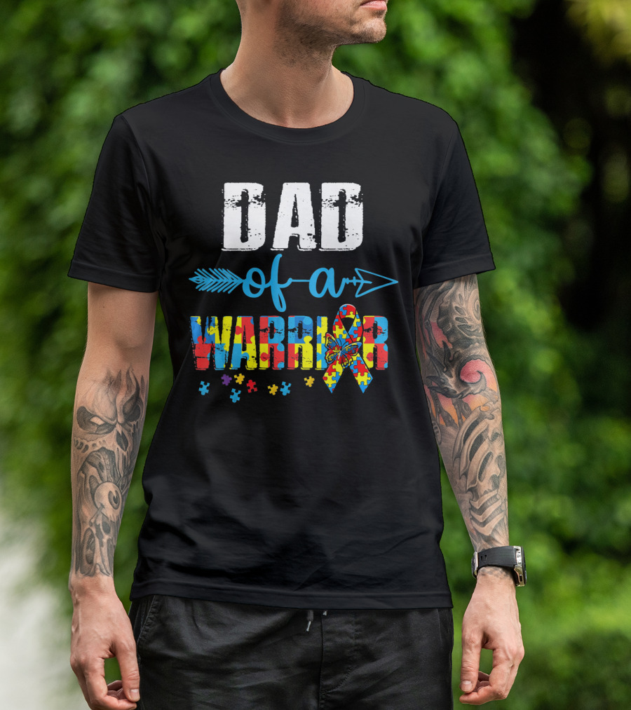 Dad Of A Warrior Autism Awareness Ribbon Arrow Puzzle T-Shirt