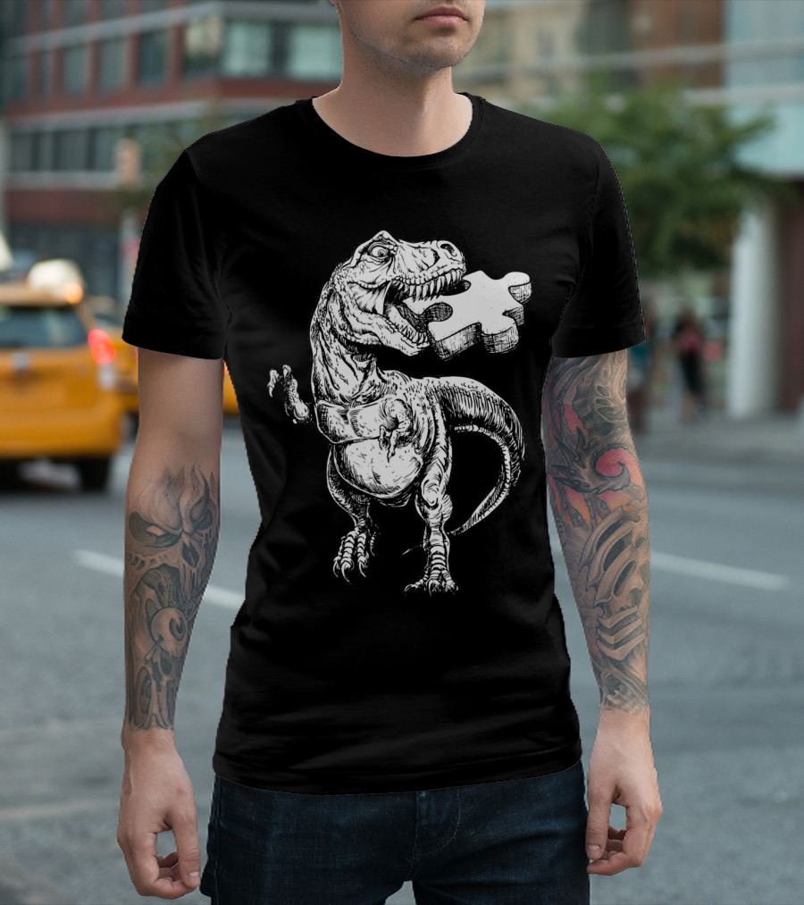 Cool Dinosaur Puzzle Piece Autism Awareness T-Shirt