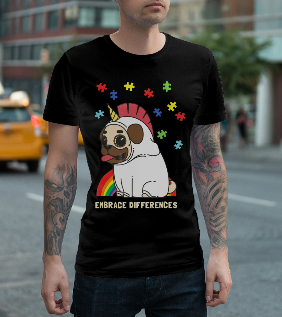 Embrace Differences Autism Awareness Unicorn Pug T-Shirt