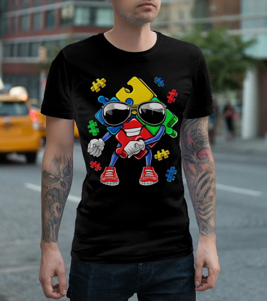 Autism Awareness Flossing Puzzle Piece with Sunglasses and Sneakers T-Shirt