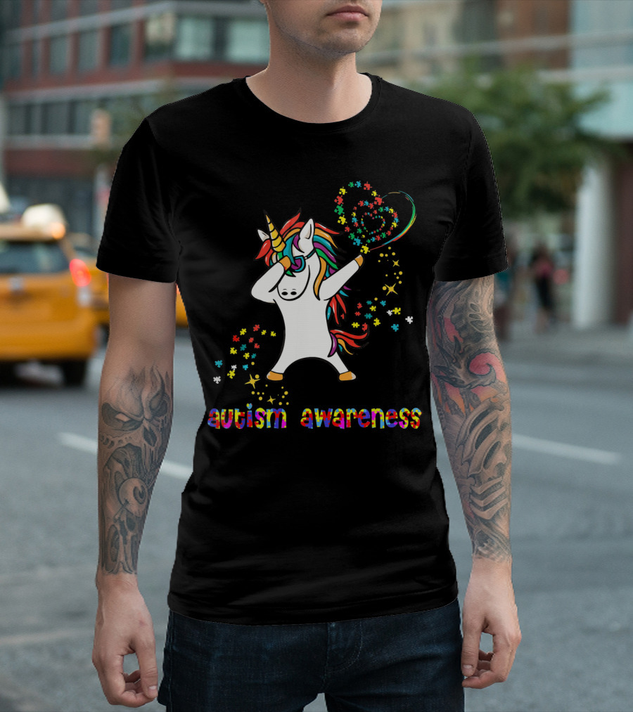 Autism Awareness Dabbing Unicorn Rainbow Puzzle Heart T-Shirt