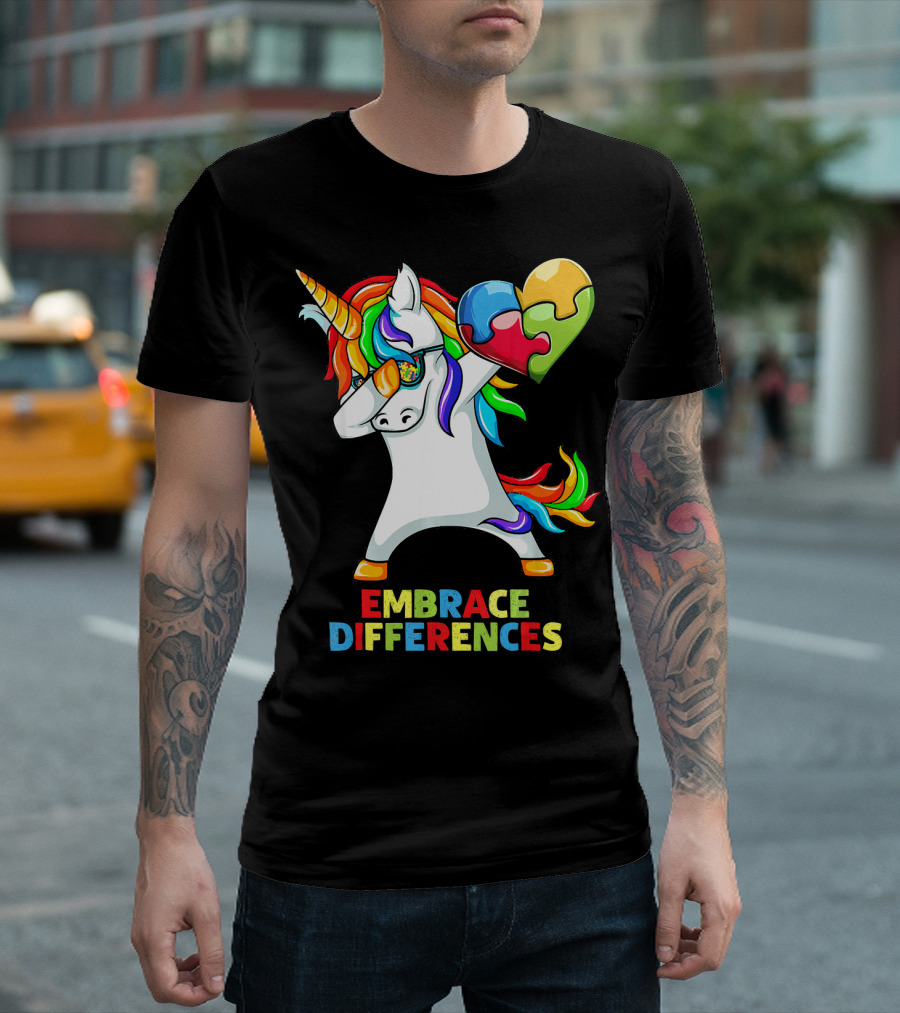 Dabbing Unicorn Embrace Differences Autism Puzzle Heart T-Shirt