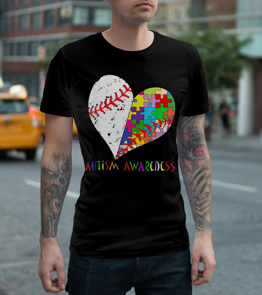 Swing for a Cause Baseball Heart Autism Awareness Puzzle Pieces T-Shirt