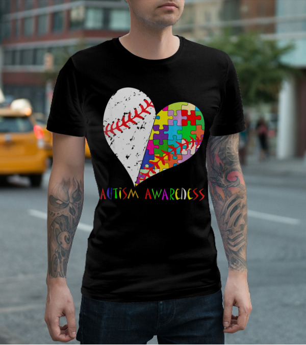 Swing For A Cause Baseball Heart Autism Awareness Puzzle Pieces T-Shirt