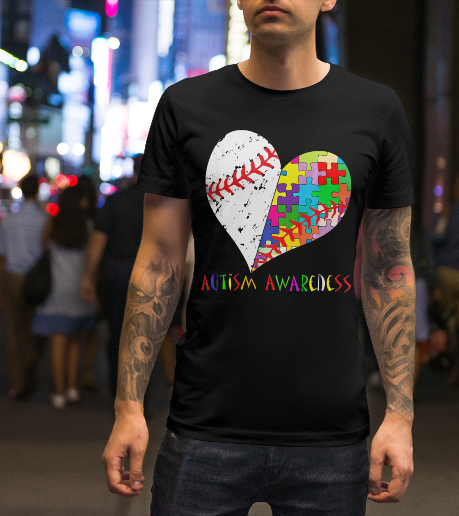 Swing For A Cause Baseball Heart Autism Awareness Puzzle Pieces T-Shirt
