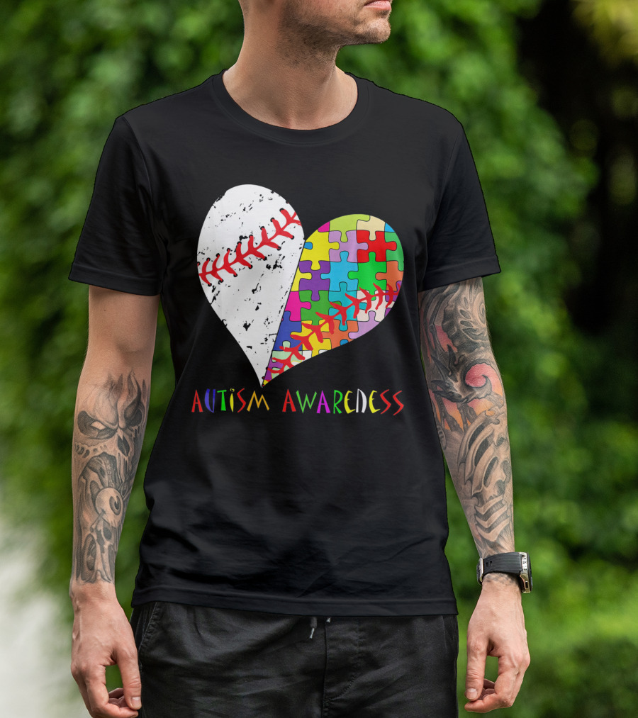 Swing For A Cause Baseball Heart Autism Awareness Puzzle Pieces T-Shirt
