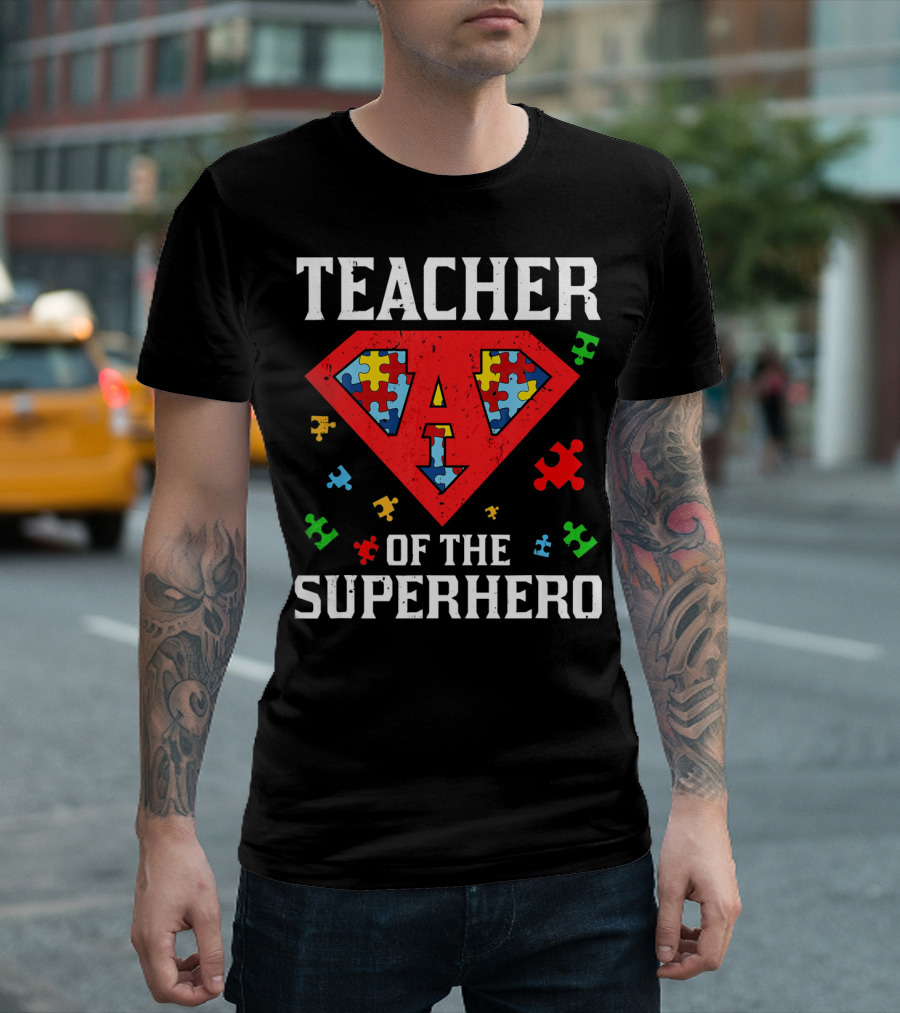 Teacher Of The Superhero With Puzzle Pieces Autism Awareness T-Shirt